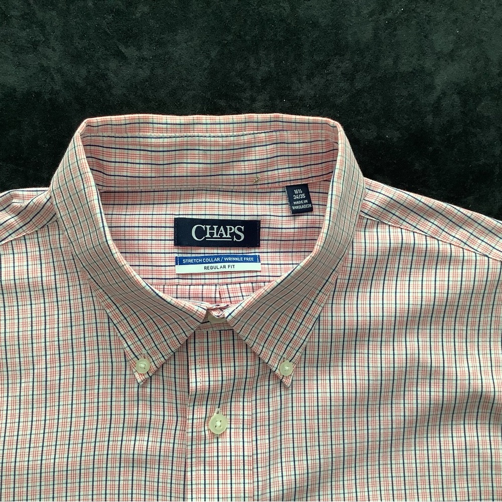 Chaps Stretch Collar Wrinkle Free Button Down Shirt 16.5  34/35 White Red